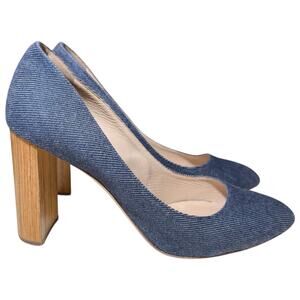 M. Gemi Lustro Denim Pumps Wood Grain Block Heel 90MM Blue Brown Italy Size 38.5